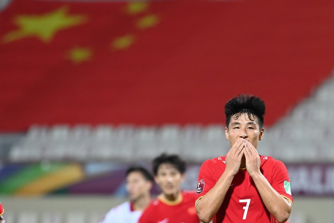 Wu Lei of China celebrates scoring during the Fifa World Cup Qatar 2022 Asian Football Confederation qualification match against Vietnam in Sharjah, the United Arab Emirates. China won 3-2. Photo: Xinhua