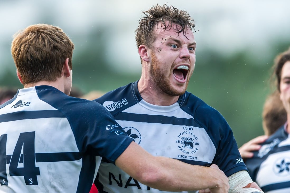 Hong Kong Football Club player Charlie Kingham celebrates after a try in their win against Valley in the 2020-21 season. Photo: Ike Images