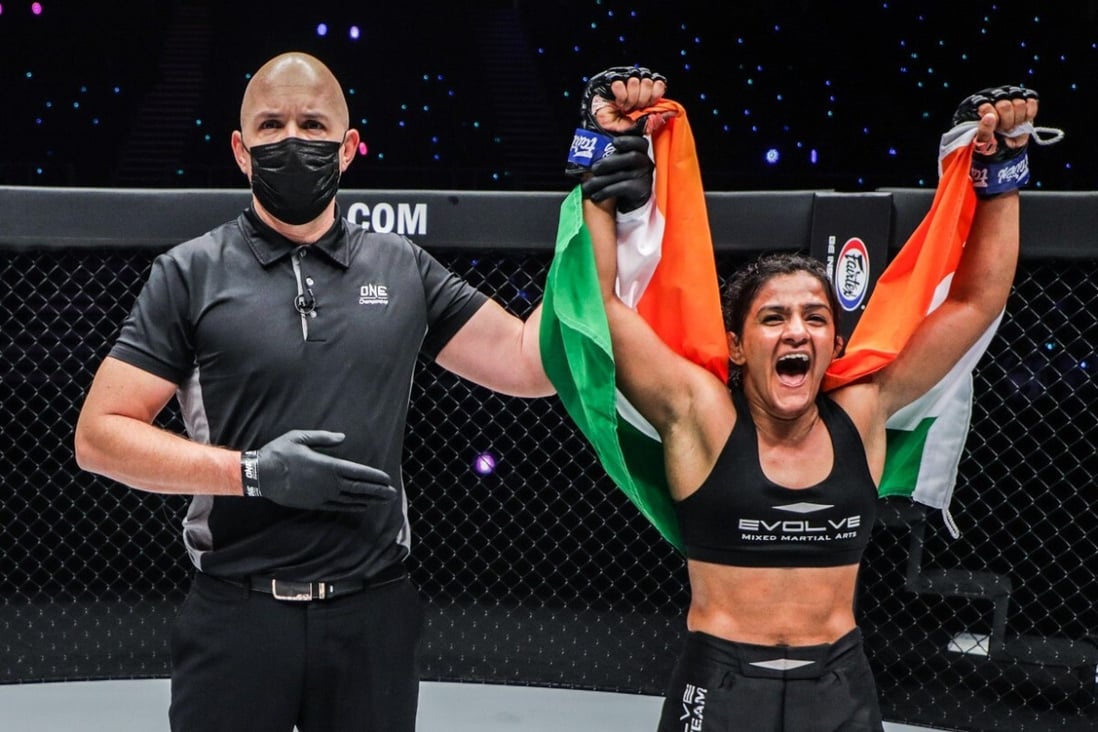 Ritu Phogat celebrates after taking a unanimous decision over Meng Bo at ONE: Empower.