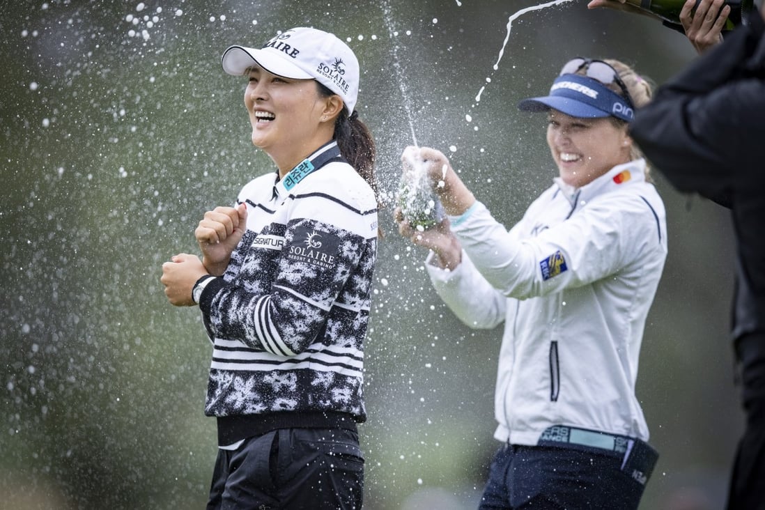 Korea’s Ko Jin-young gets a champagne shower by other members of the tour to celebrate her win at the LPGA Tour’s Cognizant Founders Cup. Photo: EPA