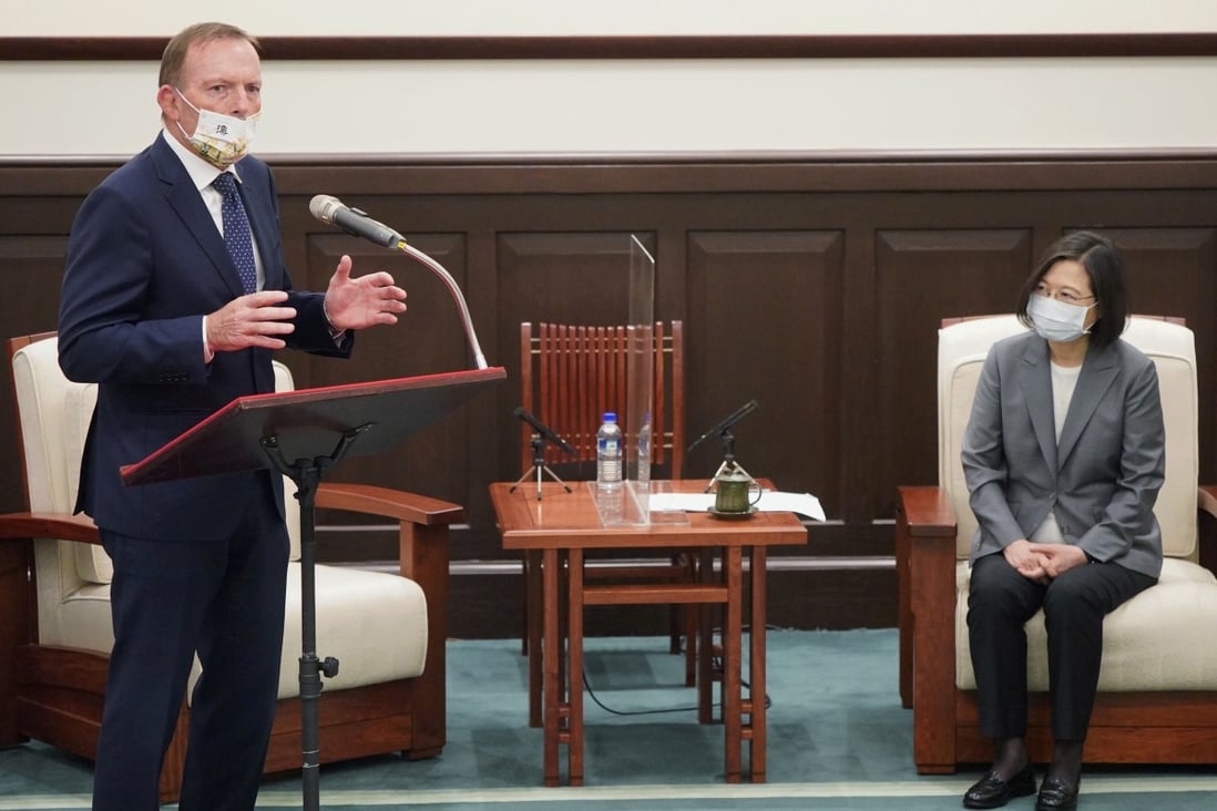 Former Australian prime minister Tony Abbott speaks during a meeting with Taiwanese President Tsai Ing-wen on Thursday. His visit to the self-ruled island has angered Beijing. Photo: Reuters