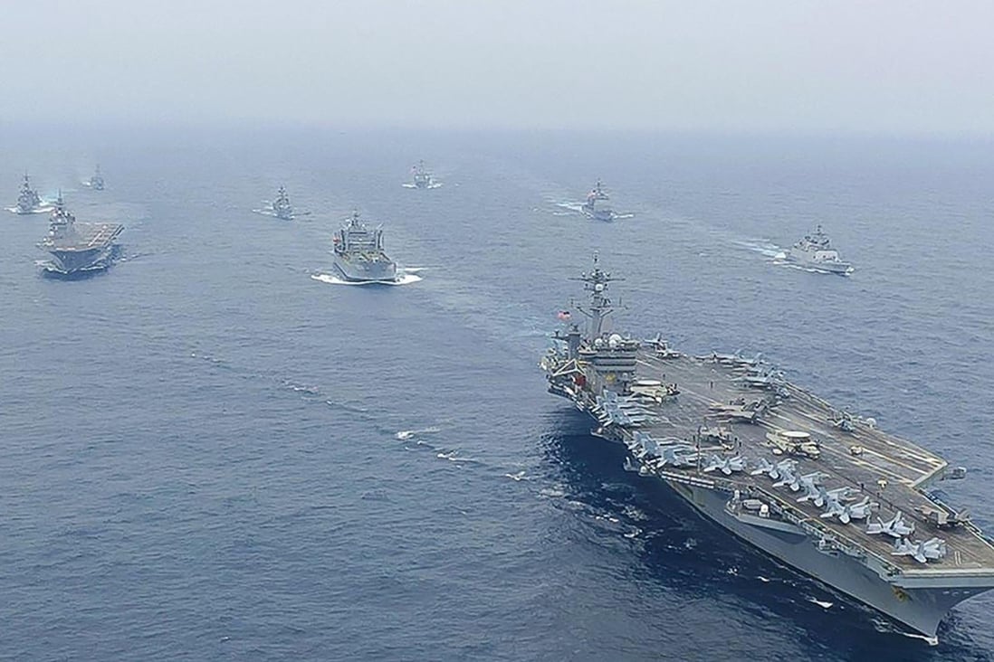 Naval vessels take part in the second phase of the Malabar naval exercise in which India, Australia, Japan and the US are taking part in the Bay of Bengal in the Indian Ocean. Photo: AFP
