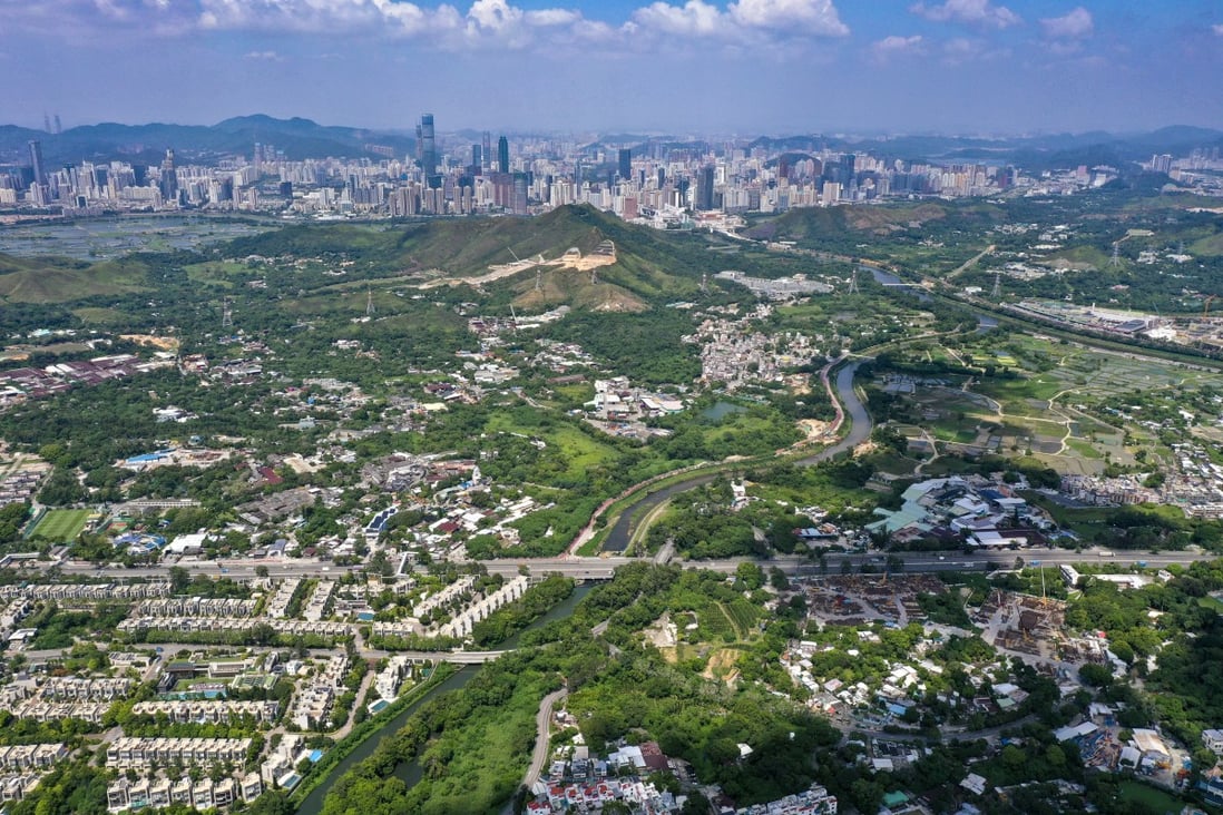 Aerial view of North New Territories area. At the backdrop is Shenzhen City. Photo: Winson Wong