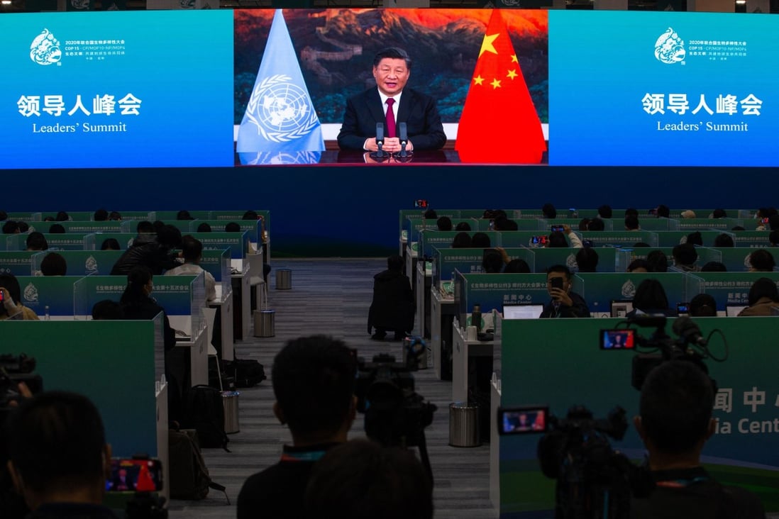Chinese President Xi Jinping speaks via video link at the UN Biodiversity Conference in Kunming in China’s southwestern Yunnan province, on Tuesday. Photo: AFP