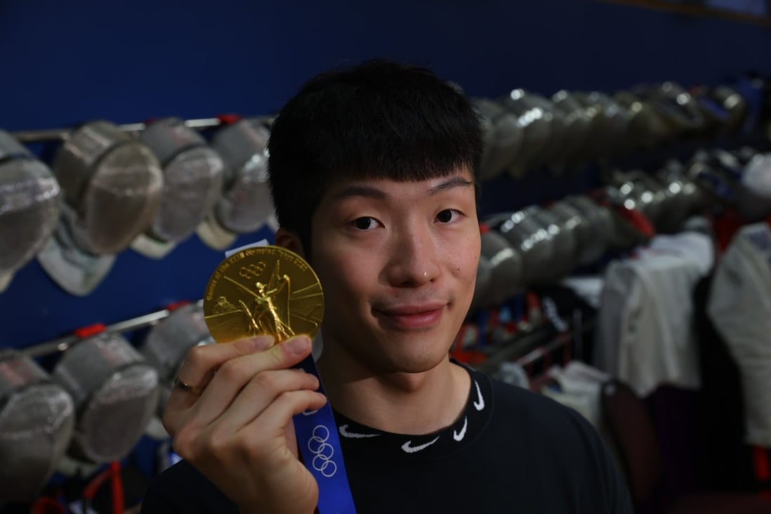 Fencer Edgar Cheung Ka-long with the gold medal he won at the Tokyo 2020 Olympic Games this summer. Photo: Dickson Lee