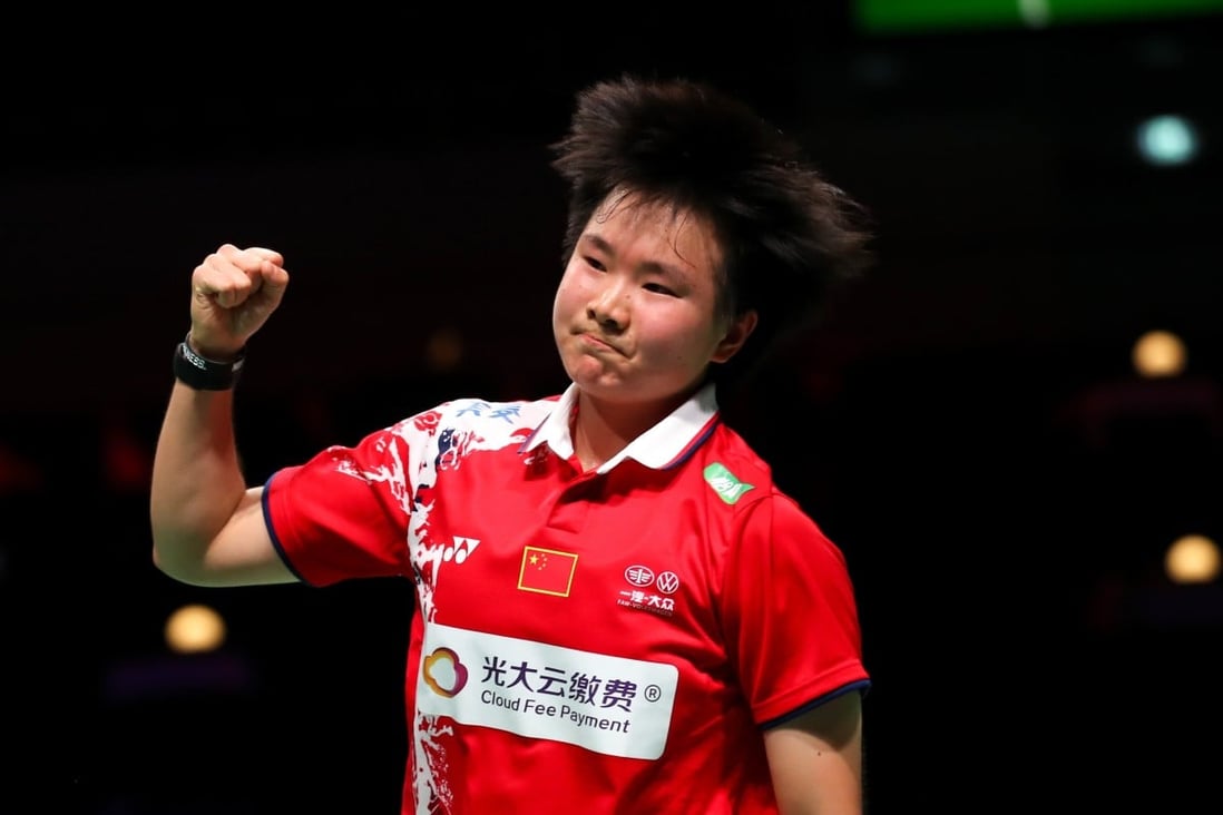 He Bingjiao of China reacts in the women's singles match against Hung Yi-ting of Taiwan during their quarter-final match at the Uber Cup badminton tournament in Aarhus, Denmark. Photo: Xinhua
