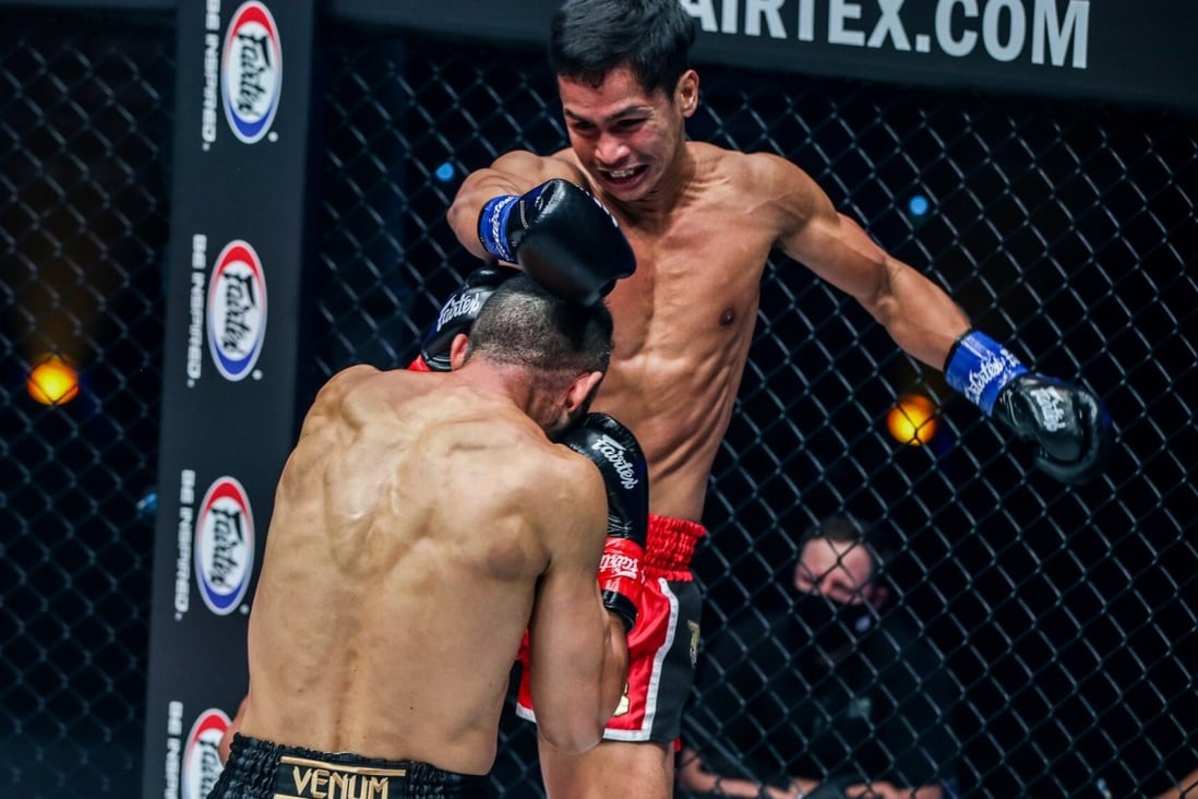 Superbon breaks Giorgio Petrosyan's jaw and knocks him out to win the ONE featherweight kickboxing title. Photos: ONE Championship