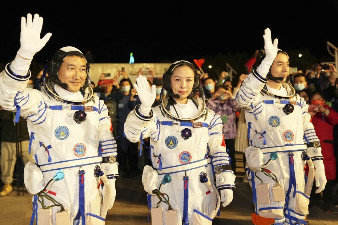 A see-off ceremony for three Chinese astronauts of the Shenzhou-13 crewed space mission – including Wang Yaping, centre, a pioneering female astronaut – is held at the Jiuquan Satellite Launch Center in northwest China on Tuesday. Photo: Xinhua