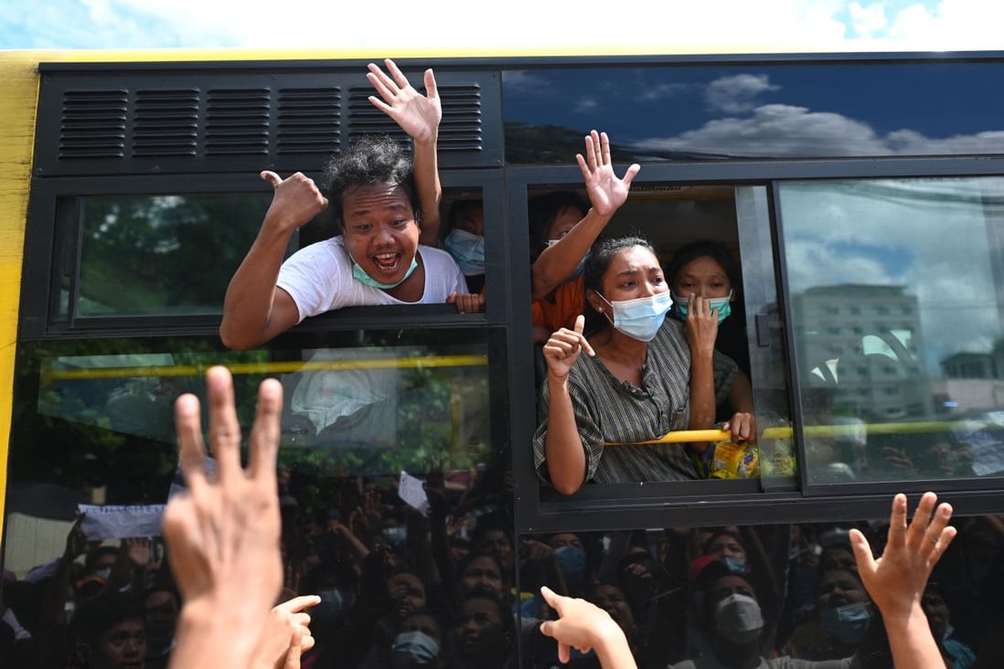 Former detainees of Insein Prison celebrate their release on Tuesday. Photo: AFP