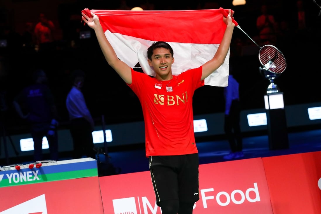 Indonesia’s Jonatan Christie celebrates his country winning a 14th Thomas Cup title in Denmark. Photo: Xinhua