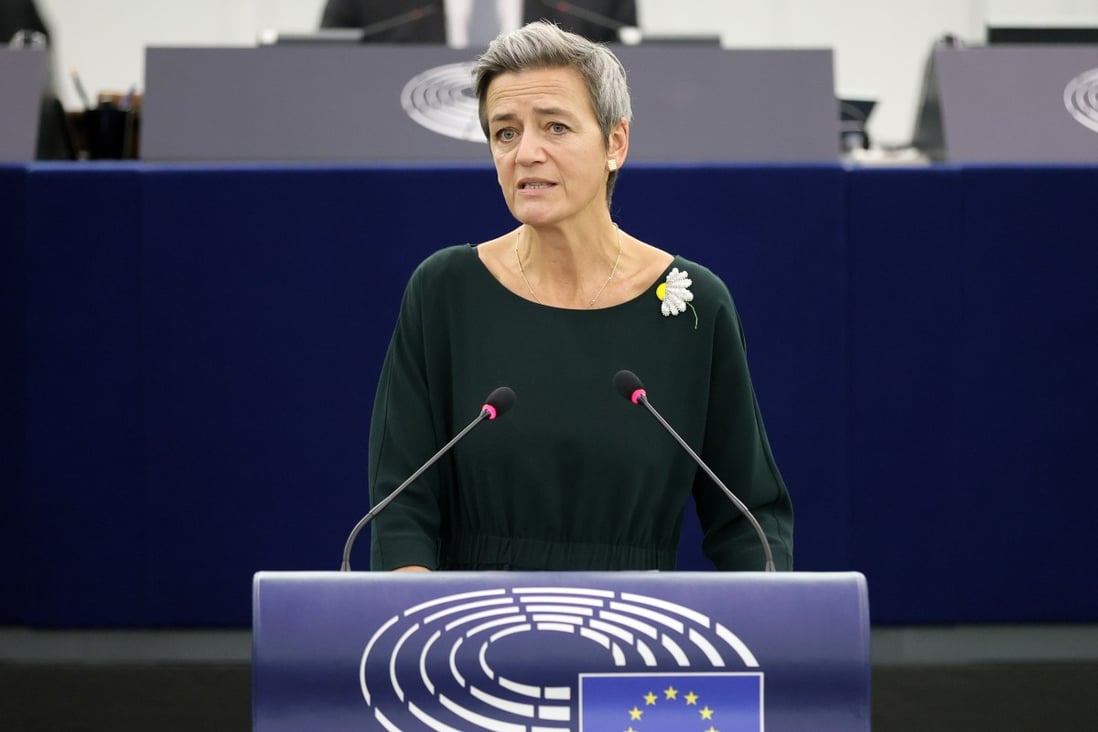 European Commission’s Executive Vice-President Margrethe Vestager delivers a speech during a debate on EU-Taiwan political relations and cooperation at the European Parliament in Strasbourg, France on Tuesday. Photo: EPA-EFE