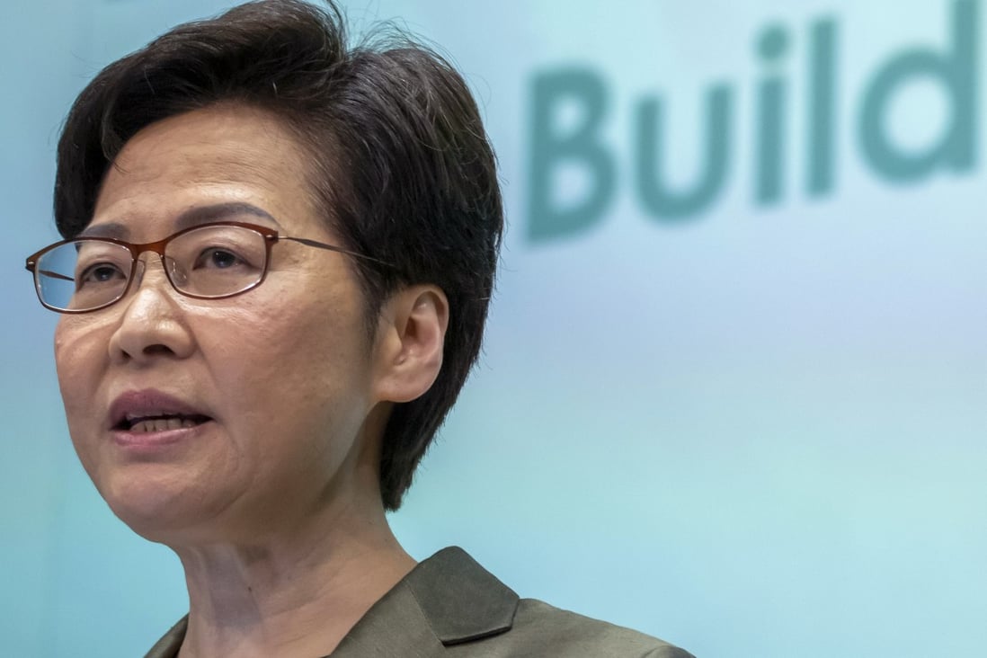 Hong Kong leader Carrie Lam speaks to the press after giving the final policy address of her term earlier this month. Photo: Bloomberg