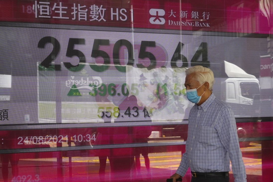 A worker walks in front of an electronic board showing the Hang Seng Index in Central, Hong Kong. Photo: AP