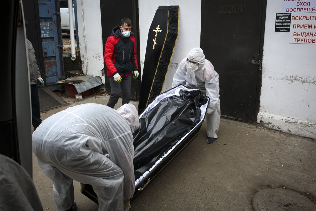 Medical workers in protective suits move a coffin with the body of a Covid-19 victim at a hospital’s morgue in Nizhny Novgorod, Russia, earlier this week. Photo: AP