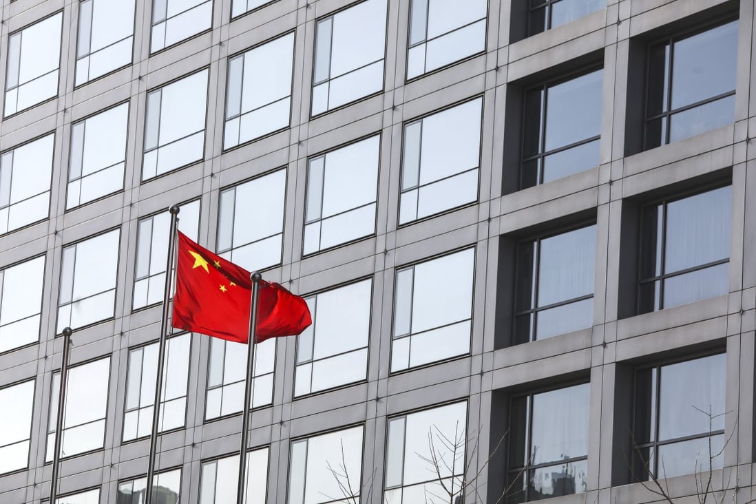 The national flag flies outside the China Securities Regulatory Commission (CSRC) office building on Beijing's Financial Street on December 18, 2019. A new amendment to the country’s Anti-Monopoly Law, expected to go into effect next year, could have Big Tech companies facing much higher penalties for abusing market power or failing to disclose mergers. Photo: SCMP/Simon Song