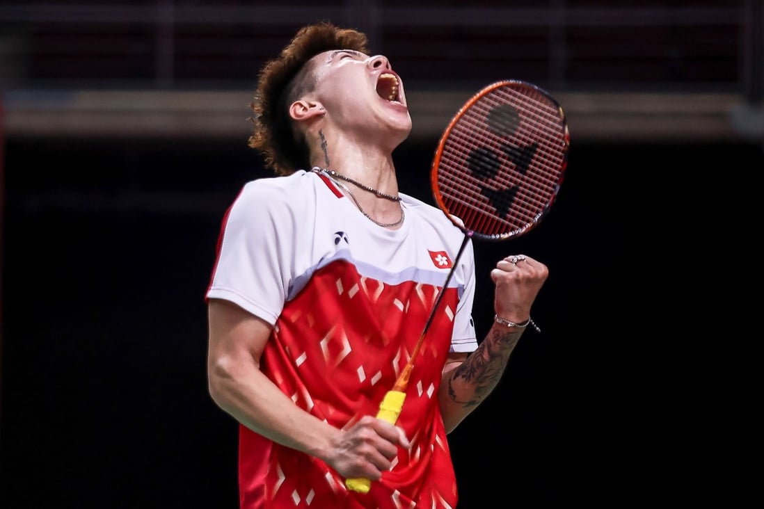 Lee Cheuk-yiu celebrates at the Toyota Thailand Open in January. Photo: AFP/Badminton Association of Thailand.