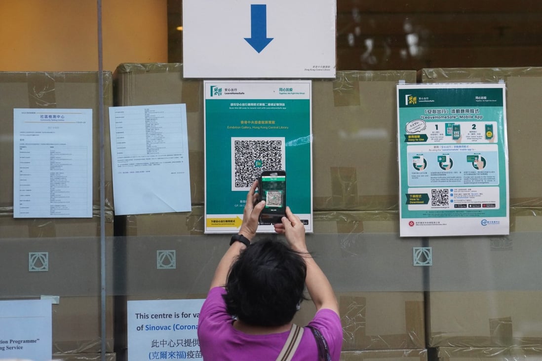 Scanning Hong Kong’s ‘Leave Home Safe’ app will be required to access most government facilities from Monday. Photo: Winson Wong