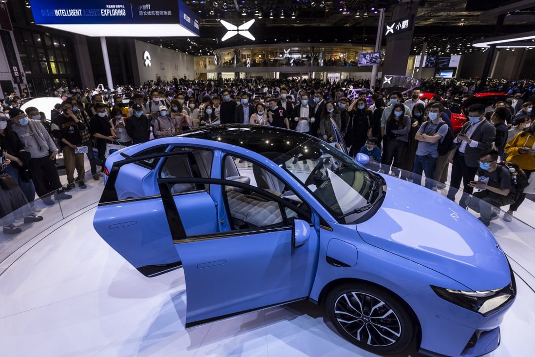 Xpeng’s P5 car is displayed at Shanghai motor show in April. The P5 is the world’s first Lidar-guided smart car. Photo: EPA-EFE
