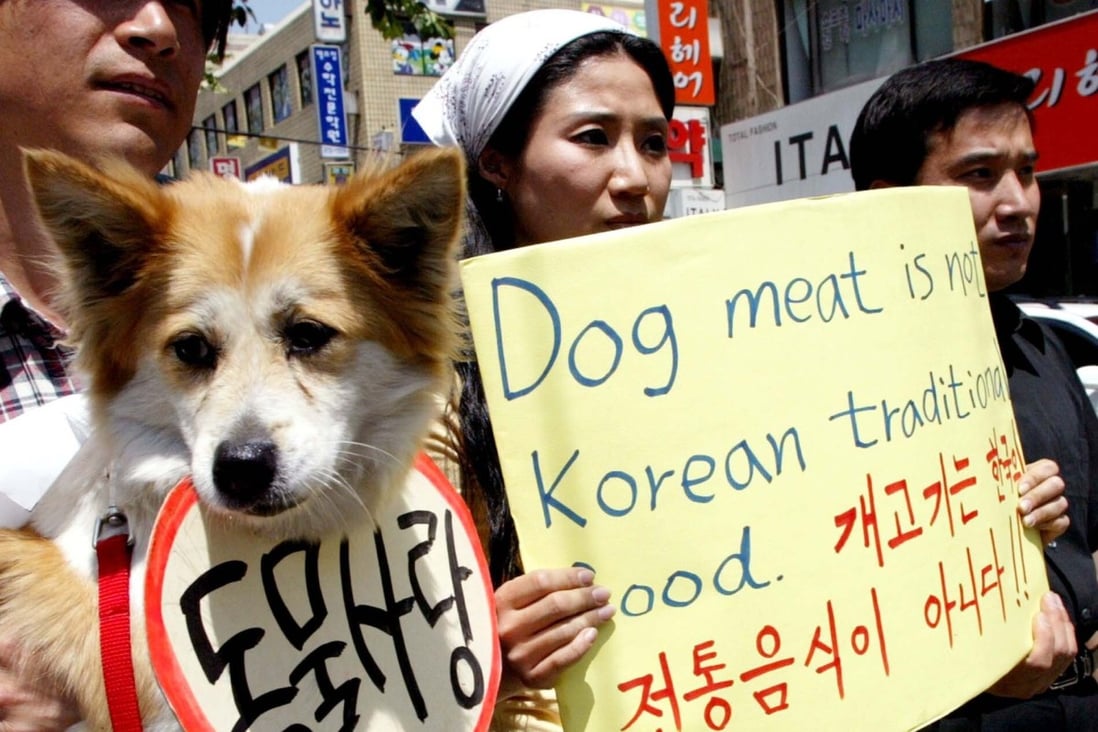 Activists in Seoul protest against South Korea’s culture of eating dog meat. File photo: AP
