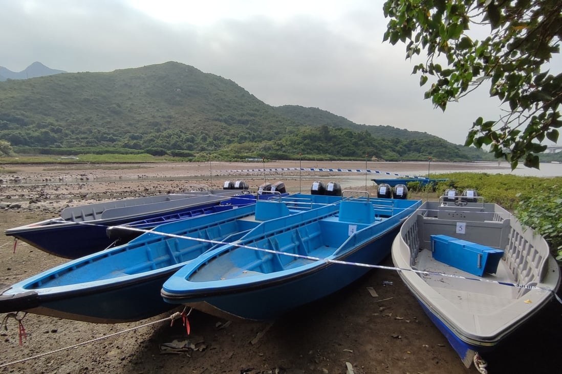 Five powerful speedboats believed to have been used for smuggling were confiscated at a secluded spot on Lantau Island on Wednesday. Photo: Handout