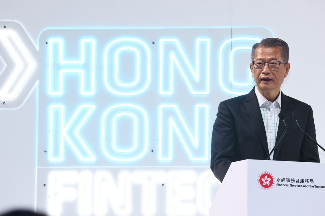 Financial Secretary Paul Chan Mo-po addresses the opening of 2021 Hong Kong FinTech Week on Wednesday. Photo: K.Y. Cheng