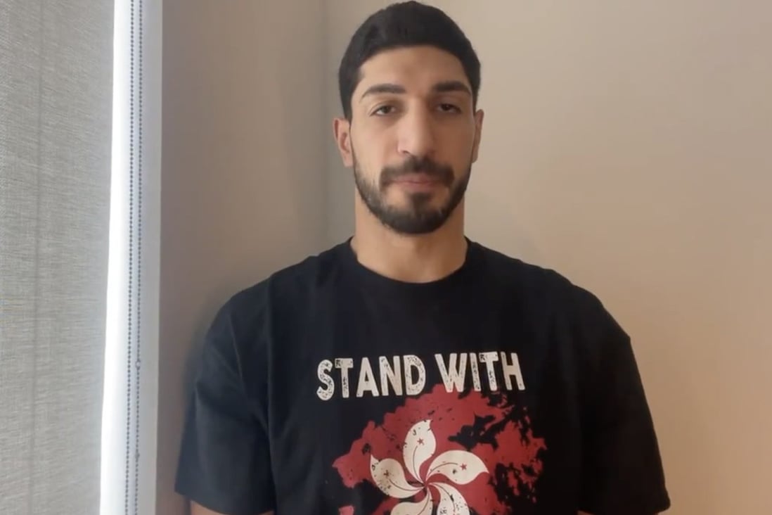 Enes Kanter speaks in a video posted on social media while wearing a ‘Stand with Hong Kong’ shirt. Photo: Twitter/Enes Kanter