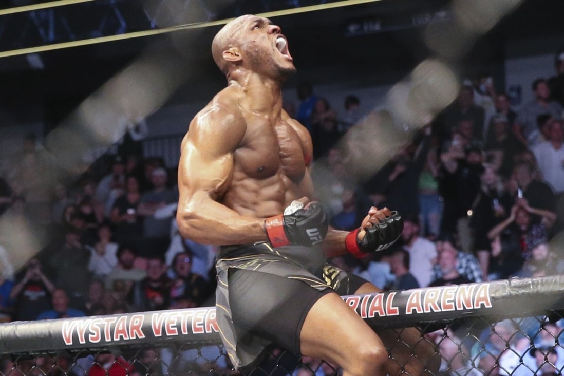 Kamaru Usman celebrates knocking out Jorge Masvidal at UFC 261. Photos: AP
