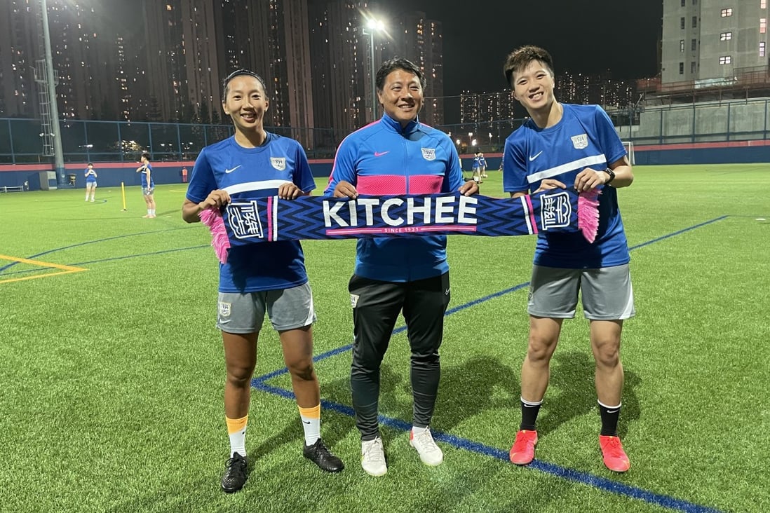 New faces for Kitchee women’s, coach Cheung Po-chung and players Chun Ching-hang (left) and Cheung Wai-ki. Photo: Chan Kin-wa