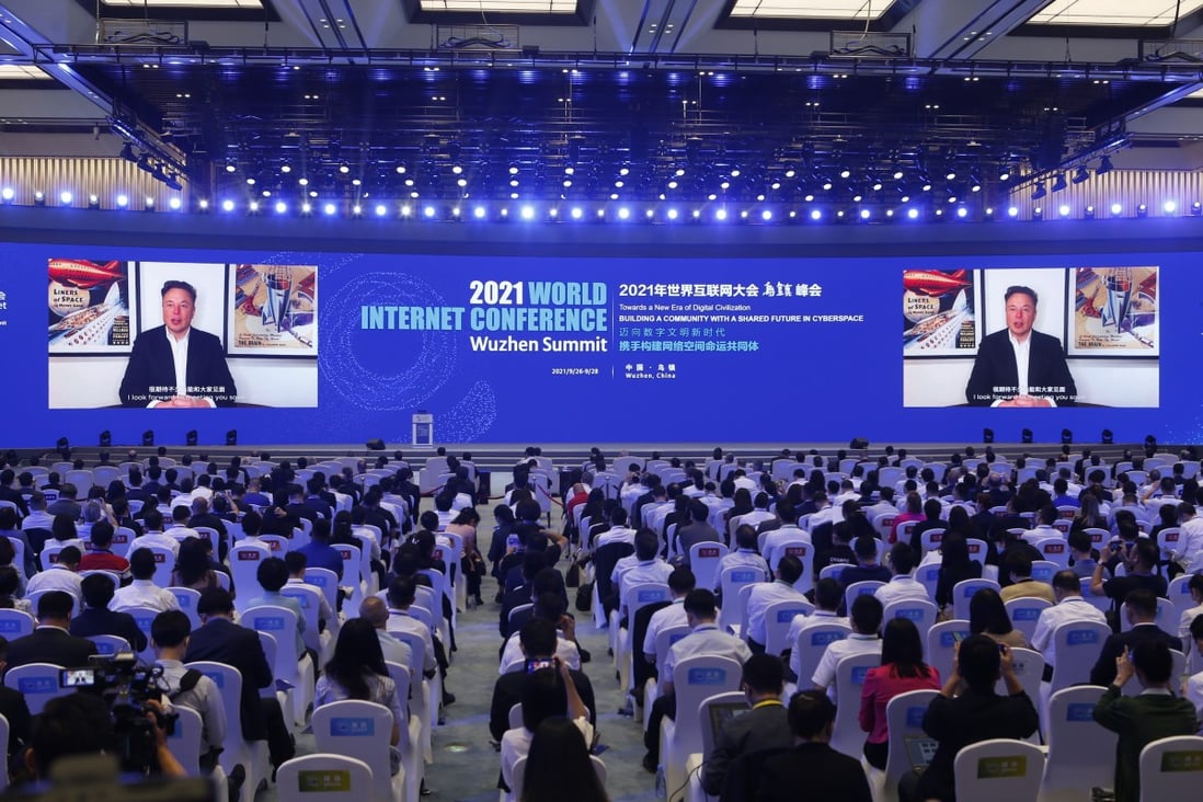Elon Musk addresses the opening ceremony of the 2021 World Internet Conference Wuzhen Summit via video on September 26. Tesla reached US$1 trillion in market value on October 25. Photo: Xinhua
