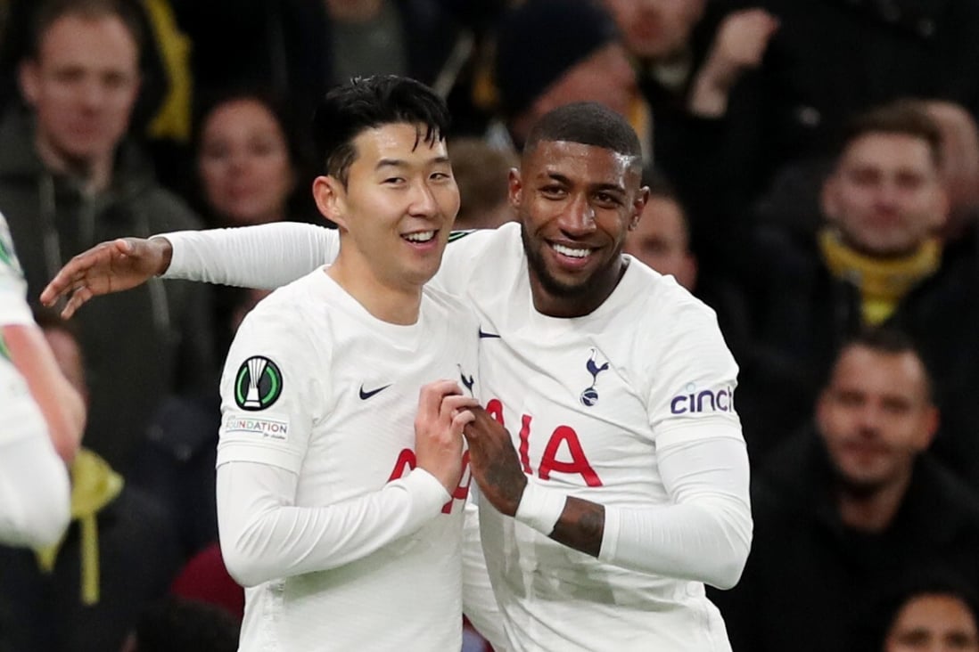 Tottenham Hotspur's Son Heung-min celebrates with Emerson Royal after scoring the first goal under Antonio Conte. Photo: Reuters