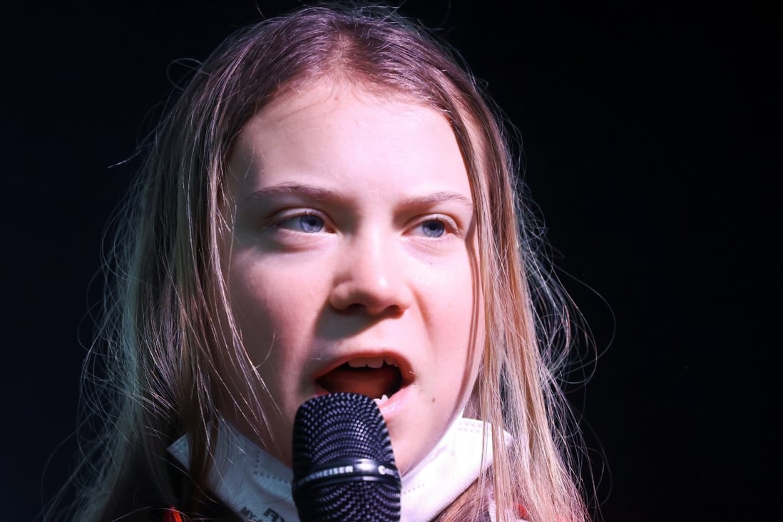Climate activist Greta Thunberg speaks at a Fridays for Future march in Glasgow on Friday. Photo: Reuters