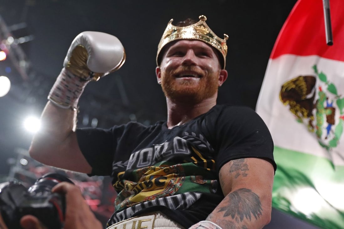 Canelo Alvarez of Mexico celebrates after defeating Caleb Plant of the US by TKO in their super middleweight title unification fight in Las Vegas. Photo: AP