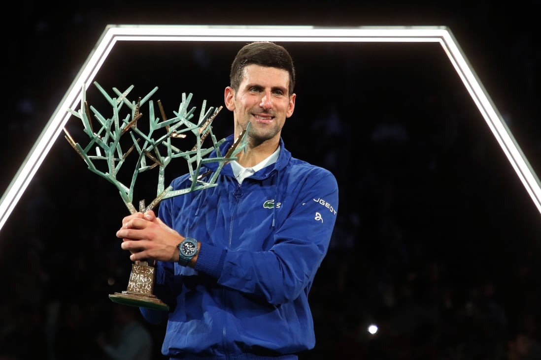 Serbia’s Novak Djokovic holds the trophy and celebrates winning his final match against Russia‘s Daniil Medvedev at the Paris Open in Paris, France on Sunday. Photo: EPA-EFE