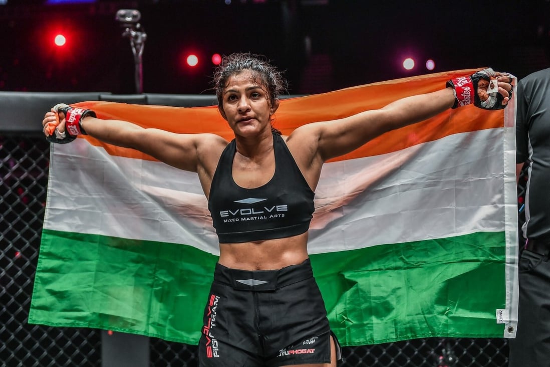 Ritu Phogat celebrates her ONE atomweight grand prix semi-final victory over Jenelyn Olsim. Photos: ONE Championship