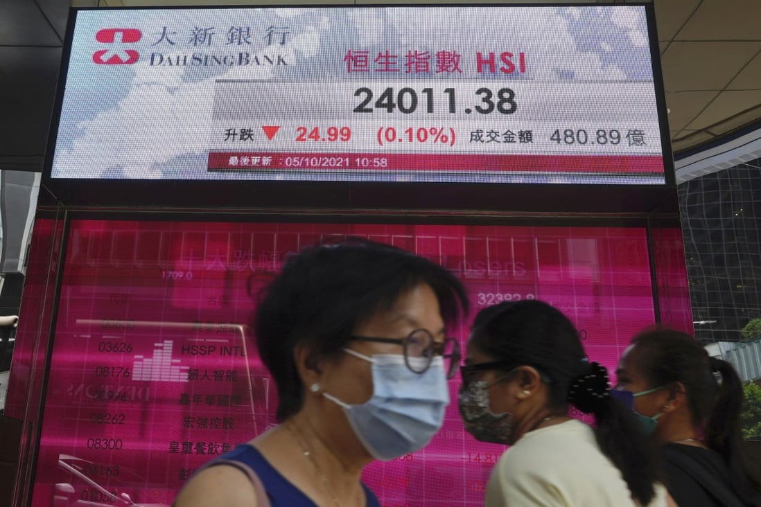 An electronic board shows the Hang Seng Index at the Hong Kong stock exchange. The bourse is considering allowing trading of non-Hong Kong dollar denominated products on public holidays. Photo: AP