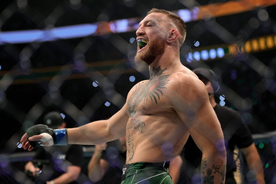Conor McGregor walks in the Octagon before his lightweight bought against Dustin Poirier at UFC 264. Photo: AFP
