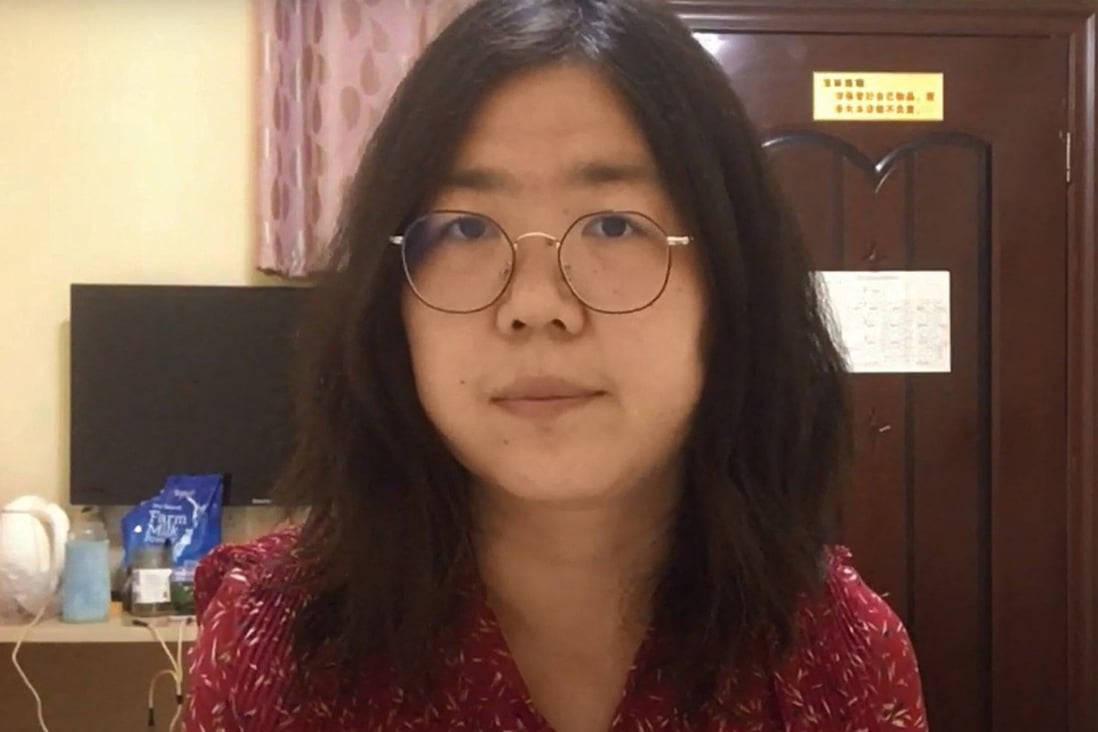 An undated video showing former Chinese lawyer and citizen journalist Zhang Zhan broadcasting via YouTube, at an unconfirmed location in China. Photo: YouTube via AFP