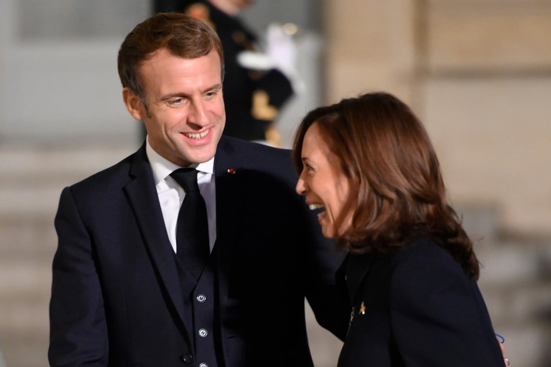 French President Emmanuel Macron welcomes US Vice-President Kamala Harris before their meeting at the Elysee Palace on Wednesday. Photo: Le Pictorium Agency via DPA