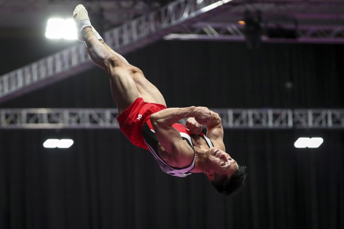Shek Wai-hung competes on the vault during the men's individual finals at the 2018 Asian Games in Jakarta, where he won the gold medal. Photo: EPA