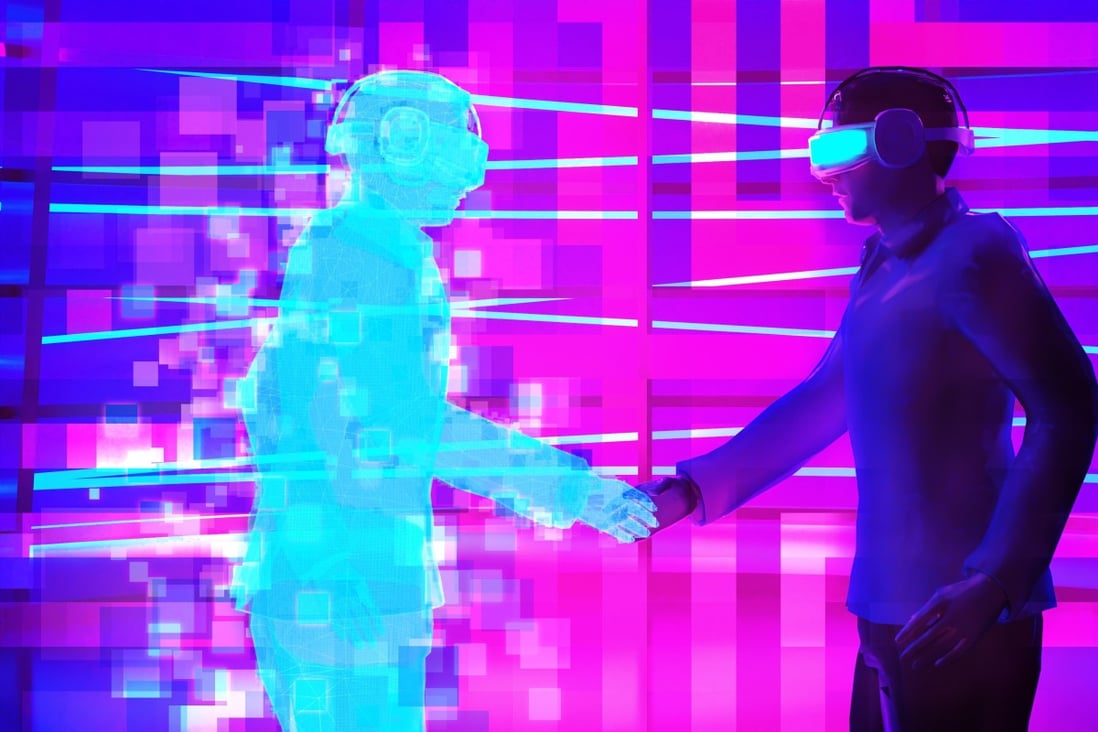 A business man wearing virtual glasses shakes hands with a hologram in an illustration of the metaverse concept. Photo: Shutterstock
