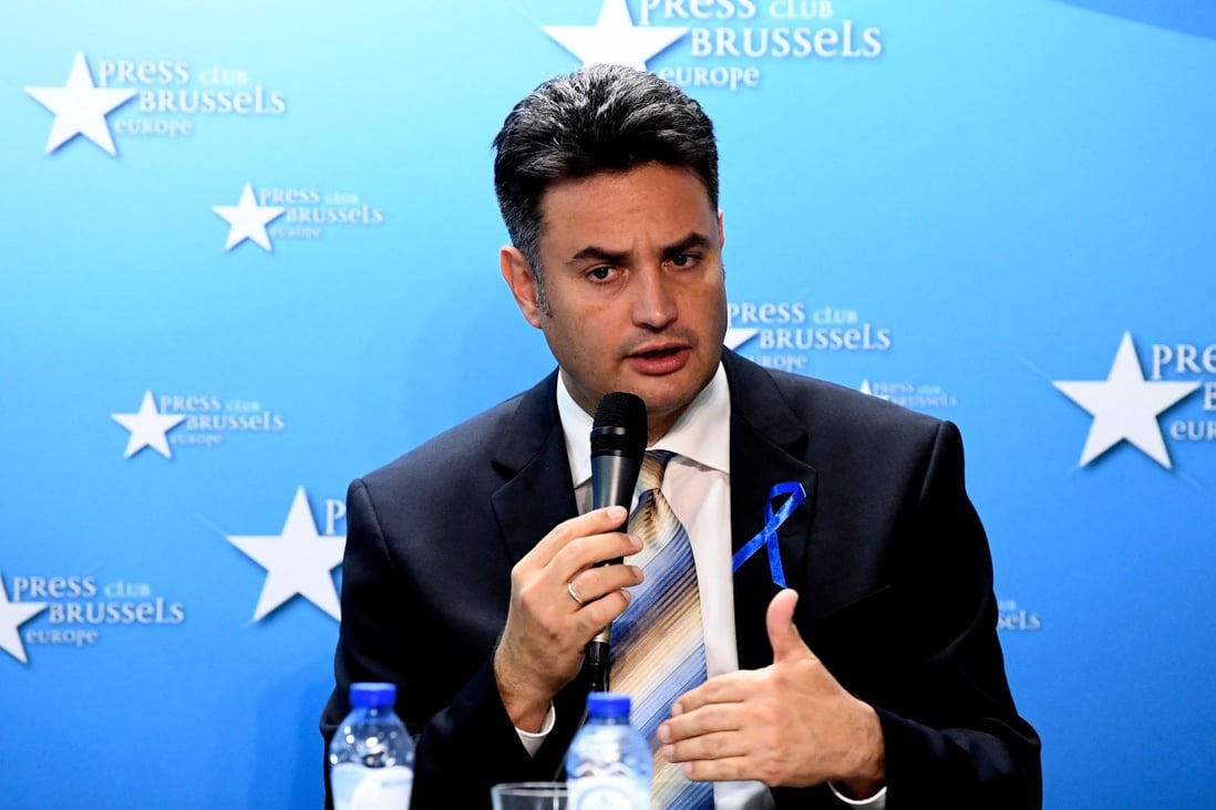 Hungarian opposition candidate Peter Marki-Zay speaks at the Brussels Press Club on Thursday. Photo: AFP