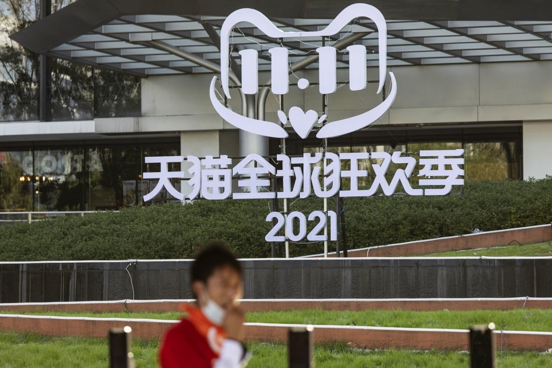 A sign promoting Alibaba Group Holding’s 11.11 Singles’ Day online shopping event at the company’s headquarters in Hangzhou on Wednesday. Photo: Bloomberg