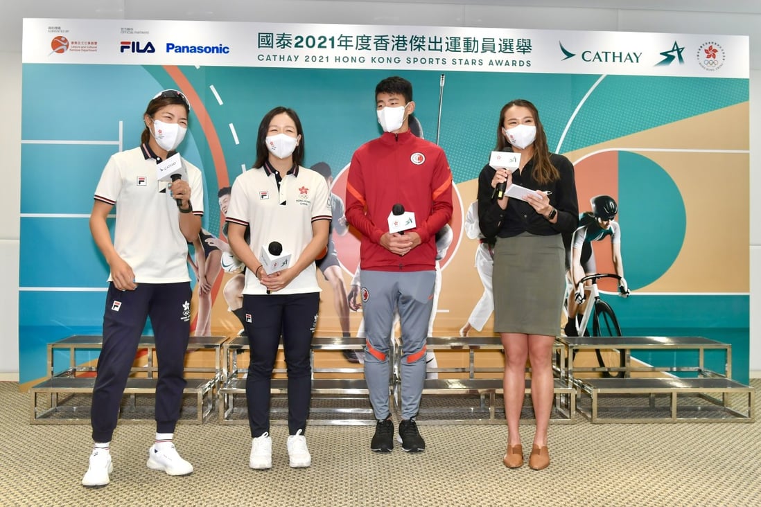 Athletes share their experience in 2021. From left – windsurfer Hayley Chan Hei-man, swimmer Wong Kwan-to, footballer Suen Ming-him and fencer Coco Lin Yik-hei. Photo: Olympic Committee