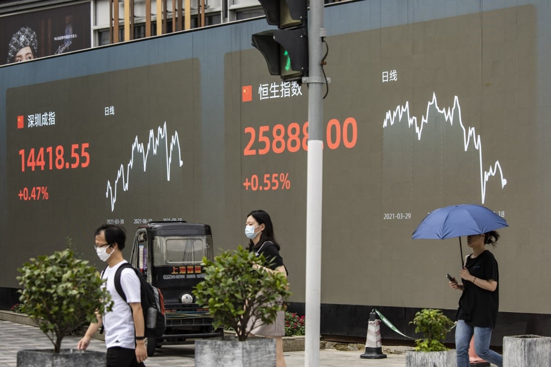 Pedestrians walk past a public screen displaying the Shenzhen Stock Exchange and the Hang Seng Index in Shanghai on August 18, 2021. Photo: Bloomberg