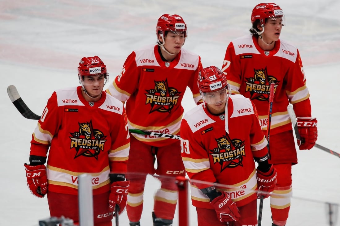 Kunlun Red Star players take to the ice for their KHL match against Amur Khabarovsk in Mytishchi. Photo: Reuters