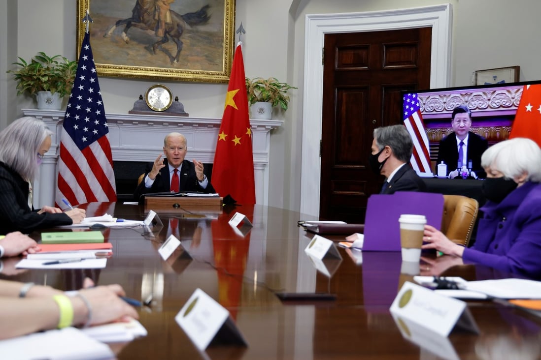 US President Joe Biden, with Secretary of State Antony Blinken and Treasury Secretary Janet Yellen, speaks to Chinese leader Xi Jinping via video link on Tuesday Beijing time. Photo: Reuters