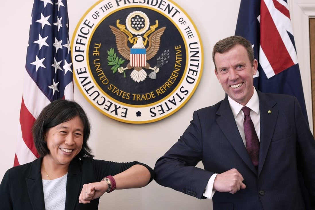 Australian Minister for Trade, Tourism and Investment Dan Tehan met US Trade Representative Katherine Tai in Washington in July. Photo: Twitter