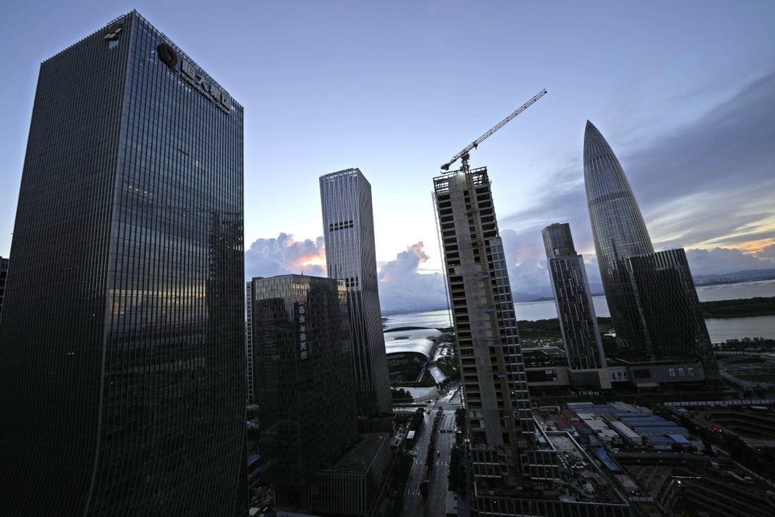 The Evergrande Group headquarters is seen near other skyscrapers and construction sites in Shenzhen, southern Guangdong province on September 24, 2021. Photo: AP