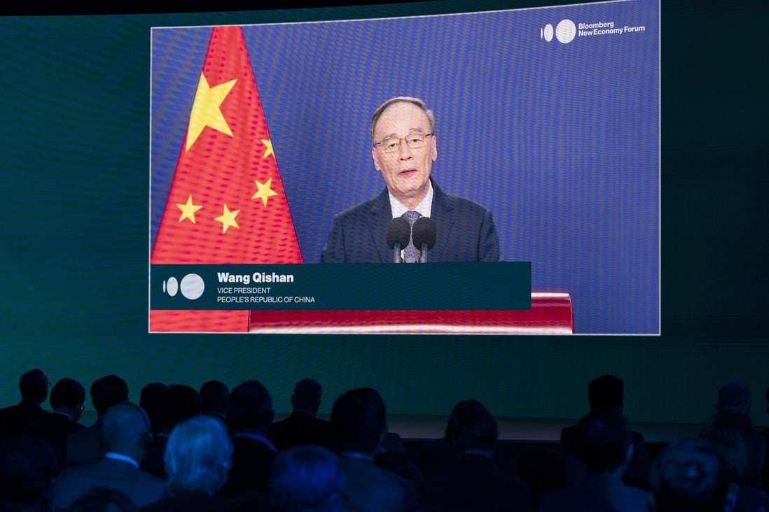 Chinese Vice-President Wang Qishan addressed the Bloomberg New Economy Forum in Singapore on Wednesday. Photo: Bloomberg