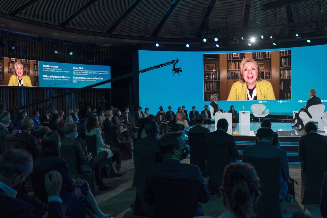 Hillary Clinton, former US secretary of state, speaks via video link during the Bloomberg New Economy Forum in Singapore on Friday. Photo: Bloomberg